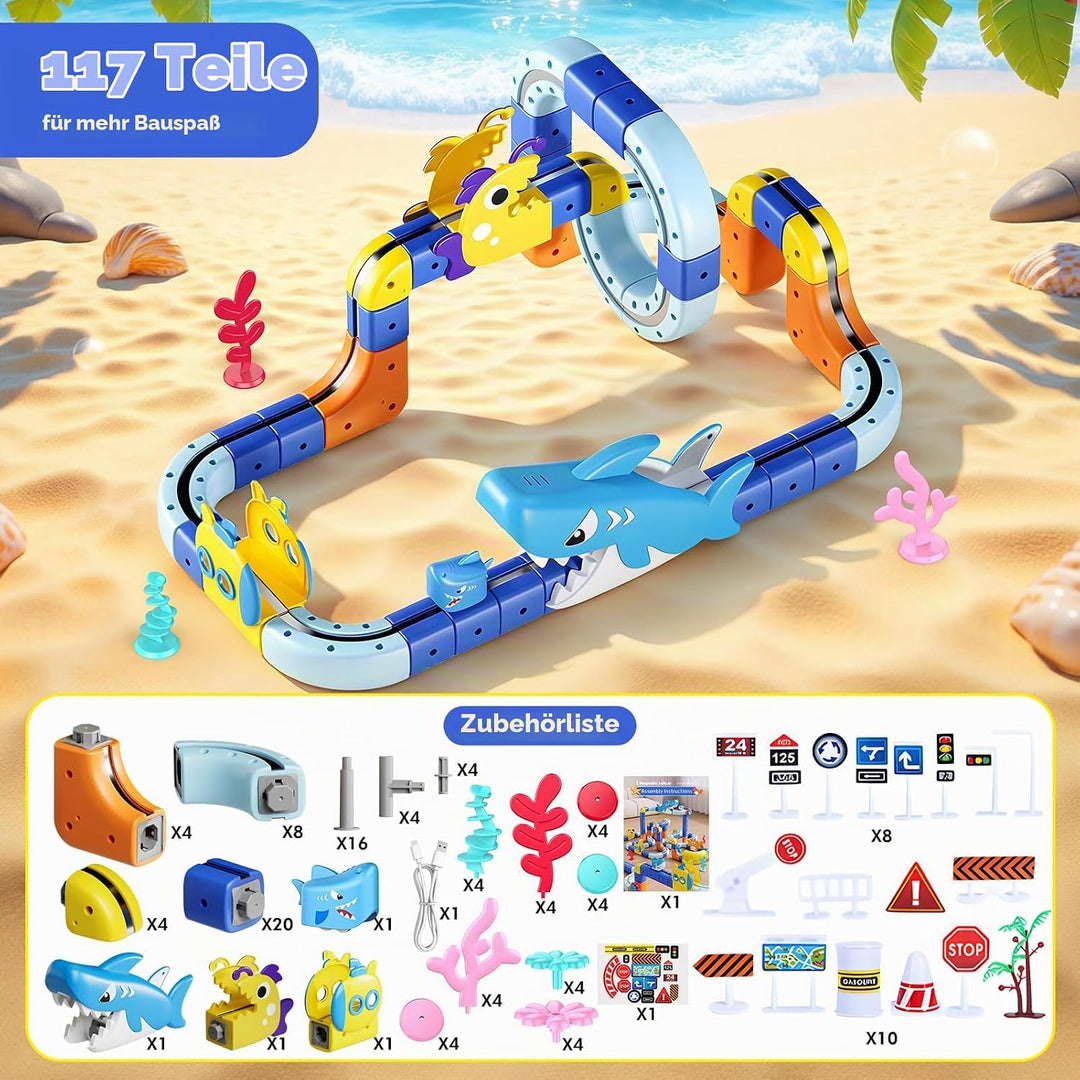 EUCOCO Spielzeug ab 3 4 5 6 7 8 Jahre Junge, Clickrail Electric Train Set 117 PCS Ozean-Thema Cubix