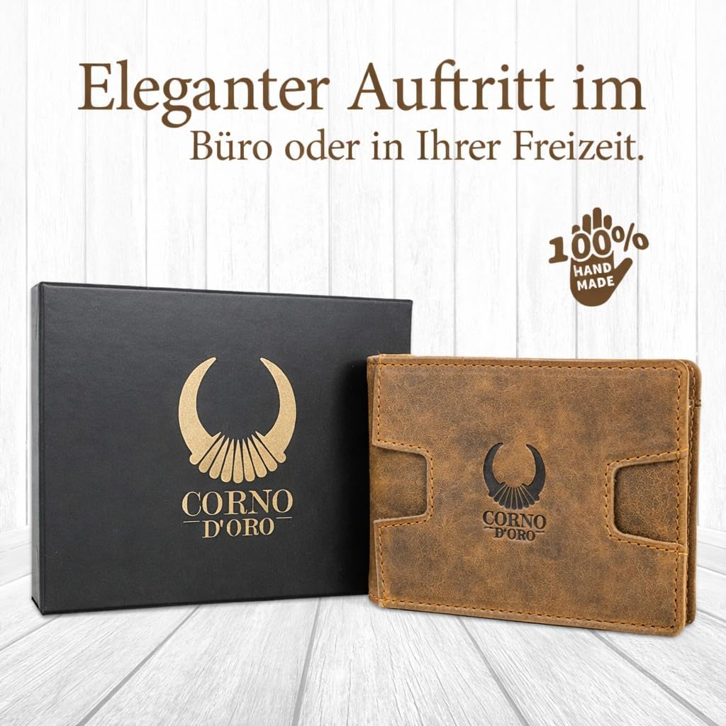 Corno d´Oro Handmade Portmonee Herren Leder mit Geldklammer I Mini Slim Wallet mit RFID Schutz I Kle