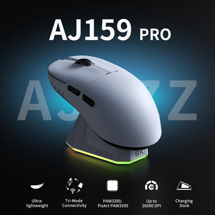 AJAZZ AJ159 PRO Wireless Gaming Mouse, Equipped with PAW3395 Sensor and Magnetic Base, 26K DPI, 2.4G