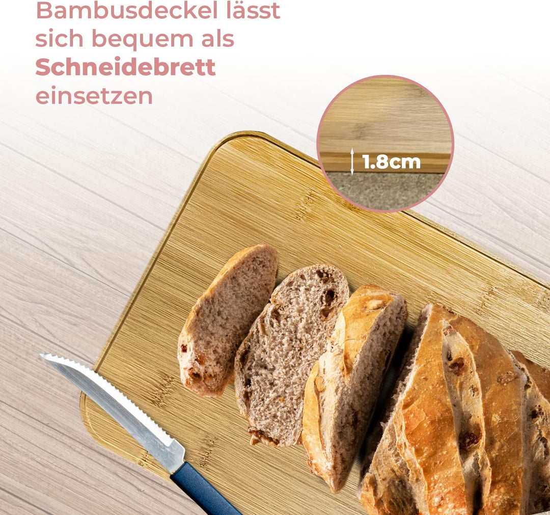 DRULINE Brotkasten mit Bambusdeckel - Brotaufbewahrung - Brotbox mit Schneidebrett - Brotkasten rosa