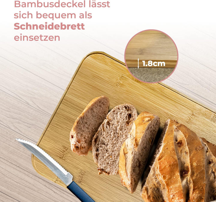 DRULINE Brotkasten mit Bambusdeckel - Brotaufbewahrung - Brotbox mit Schneidebrett - Brotkasten rosa