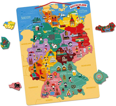 Janod Deutschlandkarte, magnetisch, Puzzle für Kinder aus Holz, 79 magnetische Teile, Entdecken und