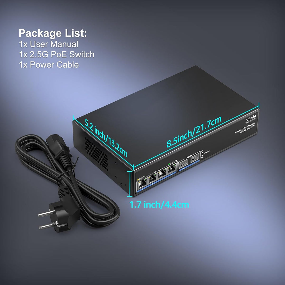 6-Port 2,5G PoE-Switch Unmanaged, 4X 2,5G Base-T PoE-Port+2X 10Gbps SFP+, 4-Port PoE Switch mit 60Gb