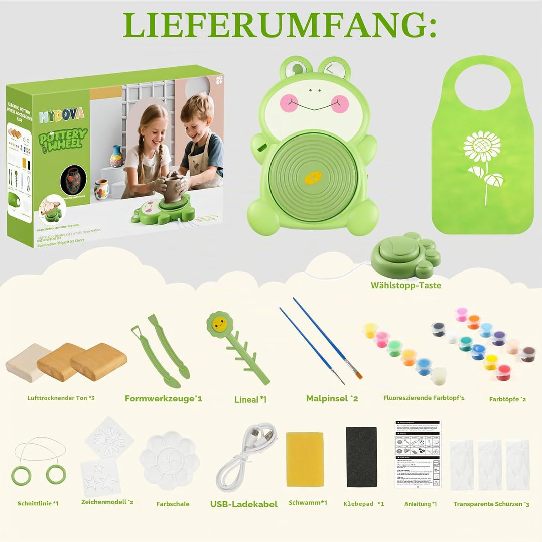 Töpferset für Kinder, Mini Töpferscheibe Elektrisch mit 3 Packungen Ton, Farbe, Zeichenwerkzeuge, Sc