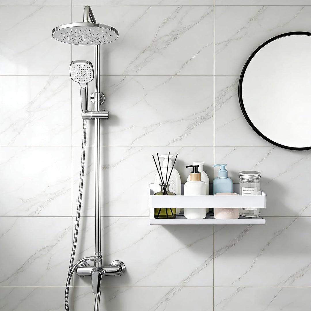 EXLECO Hoch Weiss Duschablage Ohne Bohren Duschregal Wand 23CM Edelstahl Badregal mit 4 Haken Duschk