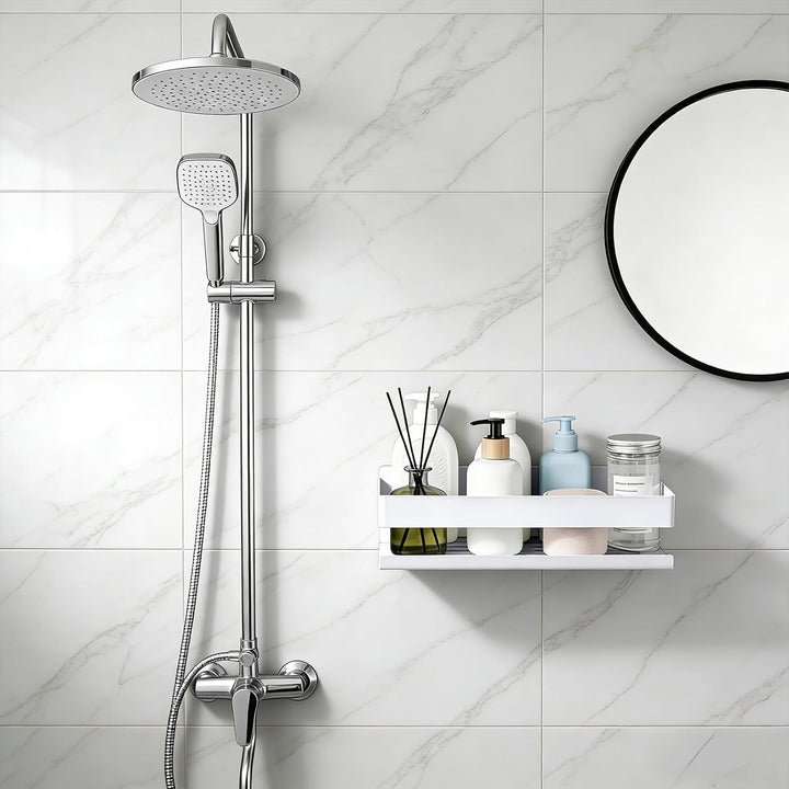 EXLECO Hoch Weiss Duschablage Ohne Bohren Duschregal Wand 23CM Edelstahl Badregal mit 4 Haken Duschk