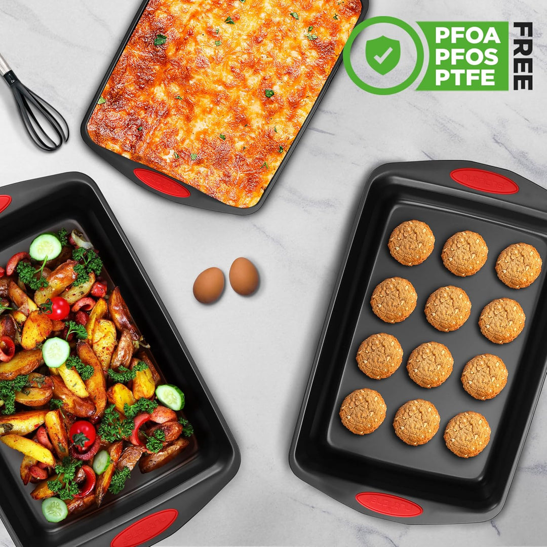 NutriChef 3-Piece Baking Pan Set - PFOA, PFOS, PTFE Free Flexible Nonstick Black Coating Carbon Stee
