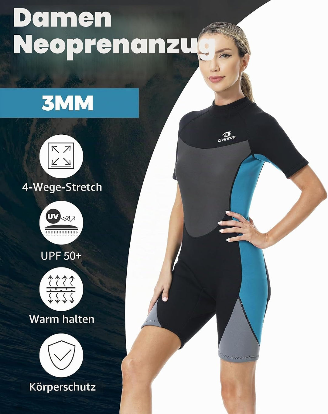 Owntop Neoprenanzug kurz Herren &amp; Damen, 3/2 mm Neopren Wetsuit für Tauchen, Surfen, Schwimmen und K