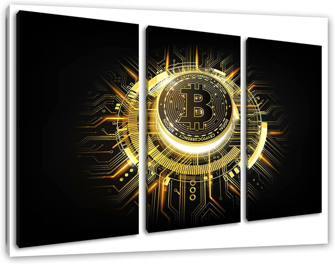 strahlender Bitcoin BTCals Leinwandbild 3 teilig | Grösse: 120x80 cm | Wandbild | Kunstdruck | ferti