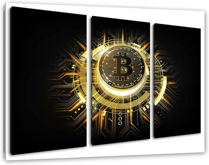 strahlender Bitcoin BTCals Leinwandbild 3 teilig | Grösse: 120x80 cm | Wandbild | Kunstdruck | ferti