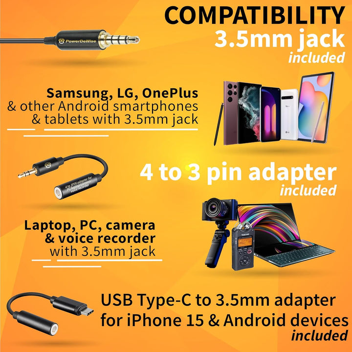PowerDeWise Verbessertes 2023 Typ-C Lavalier-Mikrofon mit Adapter – omnidirektionales USB C Lav-Mikr