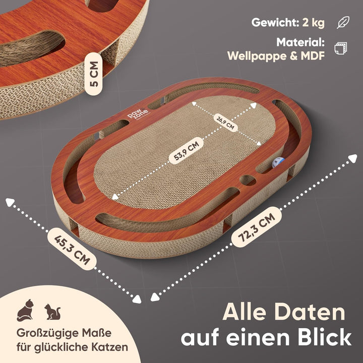 PAWZONE Kratzbrett [72x45 cm] beidseitig nutzbar + Pappe austauschbar [inkl. Katzenspielzeug] hochwe