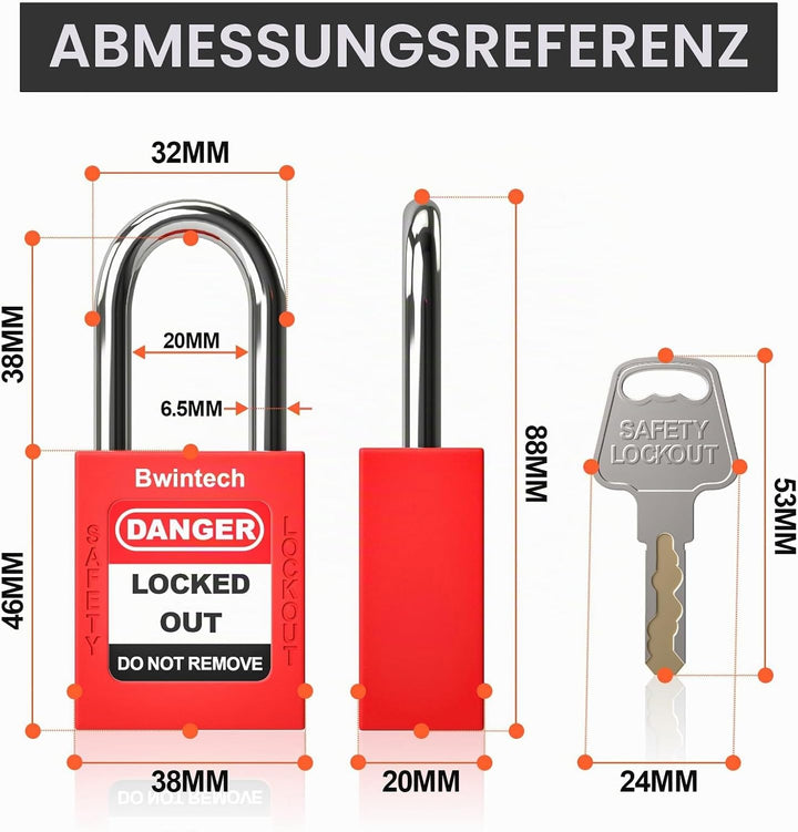 Bwintech 10 Stück 38MM verschlüsselt verschiedene rote Sicherheitsvorhängeschloss Lockout Tagout Sch