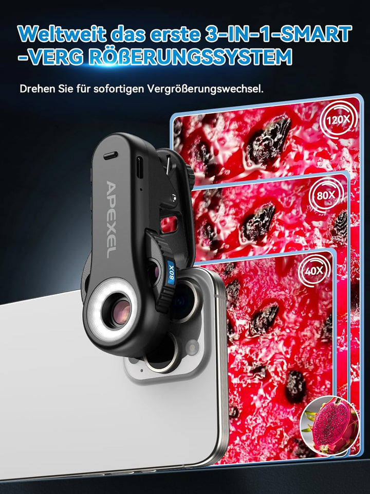 Apexel TriScope 3-in-1 Smartphone-Mikroskop- 40X/80X/120X Handy Mikroskop, Dual-LED & UV-Licht,Unive