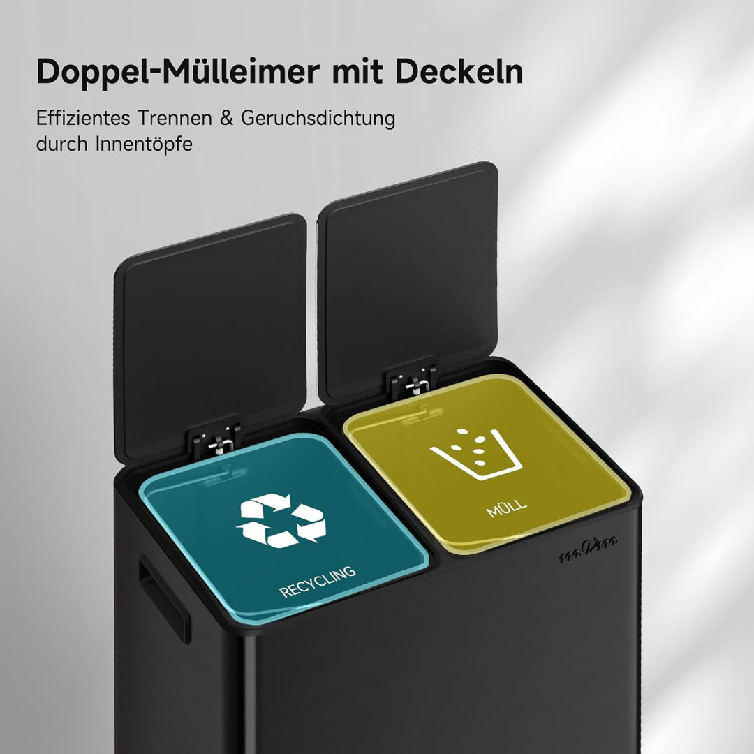 mVm Mülleimer Küche,40 Liter Treteimer,2 x 20 Liter Treteimer, 2 Fächer, Mülltrennsystem, Abfalleime