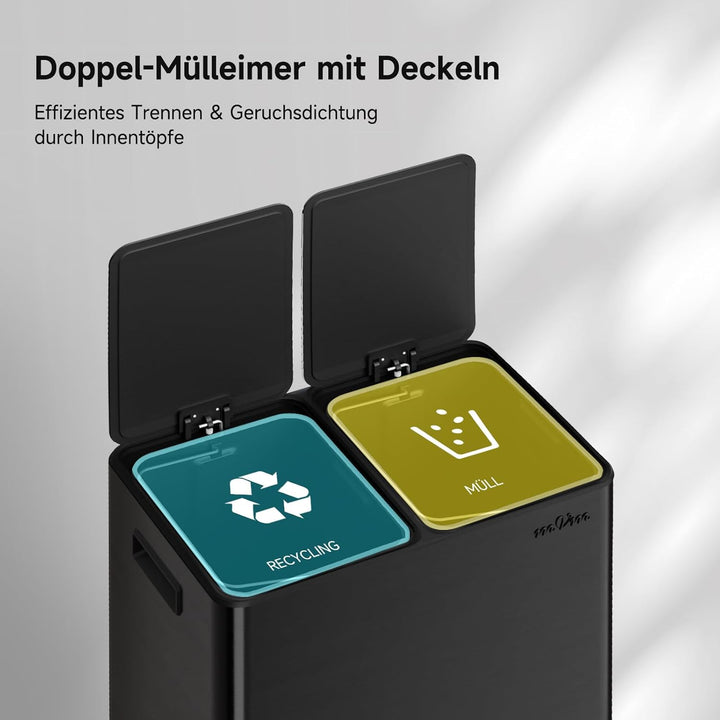 mVm Mülleimer Küche,40 Liter Treteimer,2 x 20 Liter Treteimer, 2 Fächer, Mülltrennsystem, Abfalleime