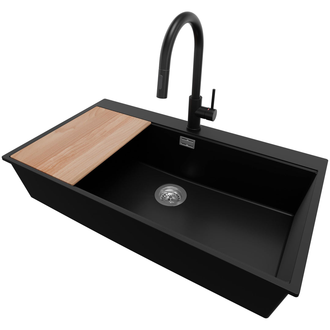 Granitspüle Schwarz 90x50 cm, Spülbecken + Ablauf-Set + Küchenarmatur 9050, Küchenspüle für 90er Unt