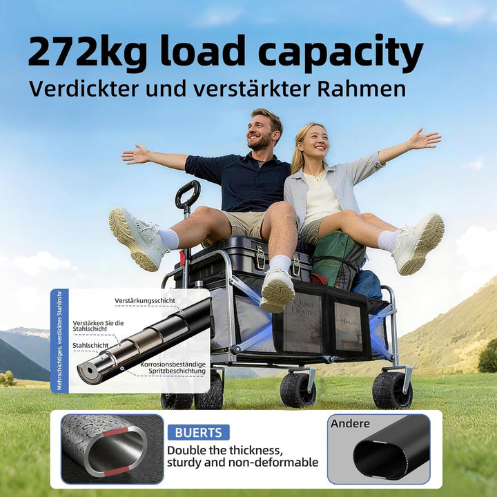 Bollerwagen Faltbar – Tragkraft 272 kg, mit Bremsen, Getränkehalter, Verstellbarem Griff, All Terrai