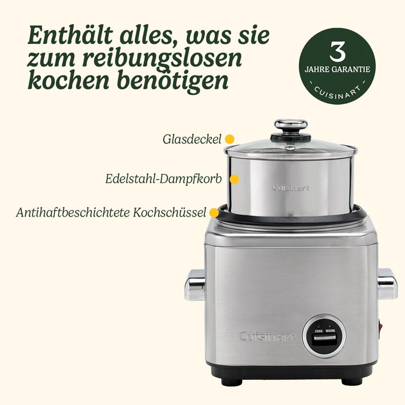 Cuisinart Reiskocher mit Aufsatz zum Dampfgaren für 12 Portionen, 1L Fassungsvermögen, CRC800E,