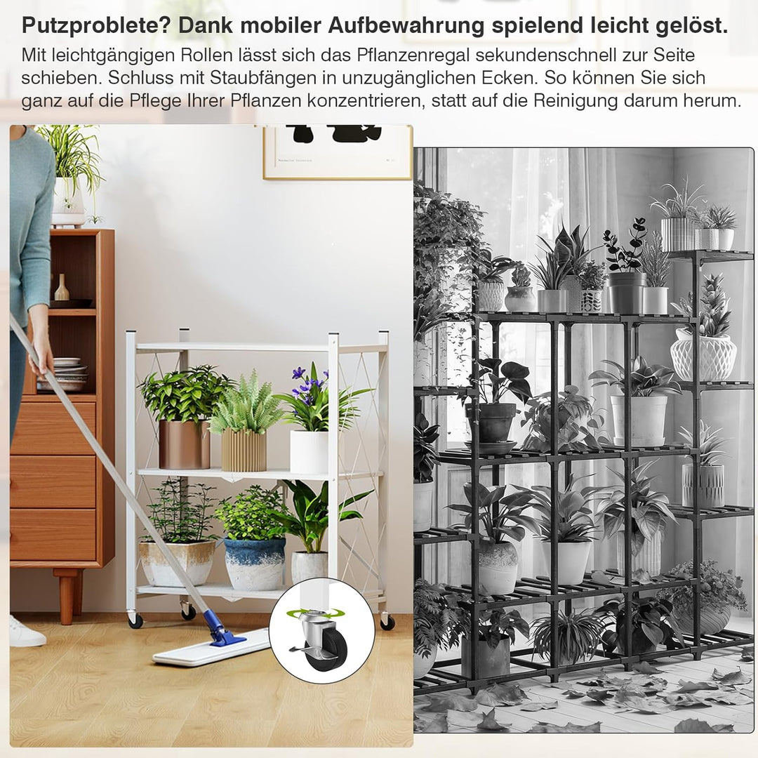 ALANNG Blumenständer mit Rädern, 3 Ablagen Stabiler Pflanzenständer, Metall Pflanzenregal Indoor Ein