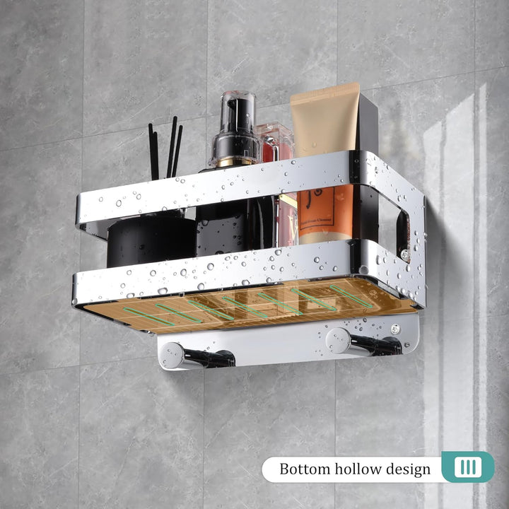 Duschablage Edelstahl Badezimmer Organizer, Duschregal mit Haken für Shampoo und Duschgel (Silber) (