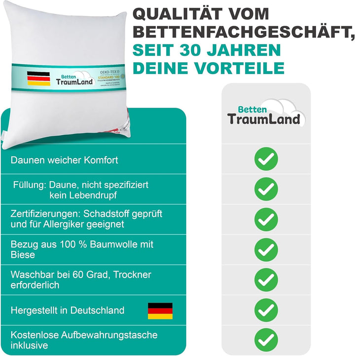 Canada Daunenkissen PLUS Kopfkissen 100 % canada Daune ohne Federnanteil 80x80 cm | 200 Gramm mehr I
