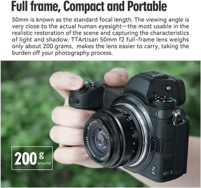 TTArtisan 50mm F2 Full Frame Manual Camera Lens Compact Design Light Weight Standard Focal Length Ca