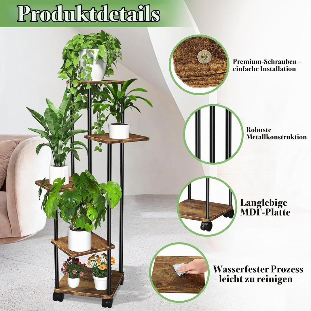 Blumenständer Pflanzenständer 5 Tier Holz, Pflanzenregal Mit Abnehmbaren Rollen, Modernes Blumenrega