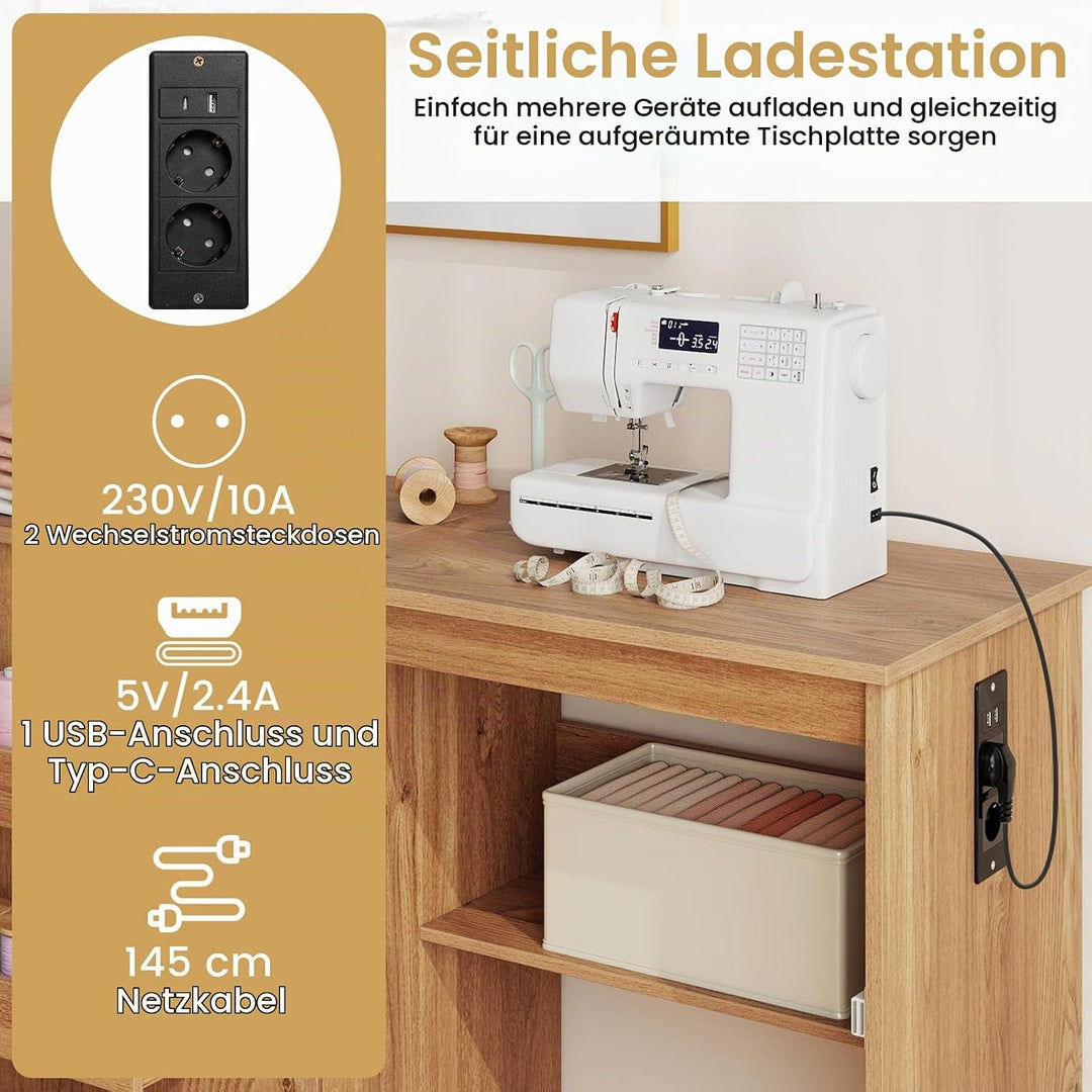 GIANTEX Nähtisch mit Ladestation, Nähmaschinentisch klappbar, Nähschrank mit Rollen, Nähmaschinensch