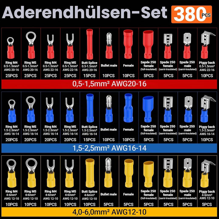 Preciva Crimpzange Set, mit 380 Stück Kabelschuhe und Abisolierzange, Ratschen Crimpzange für Kabels