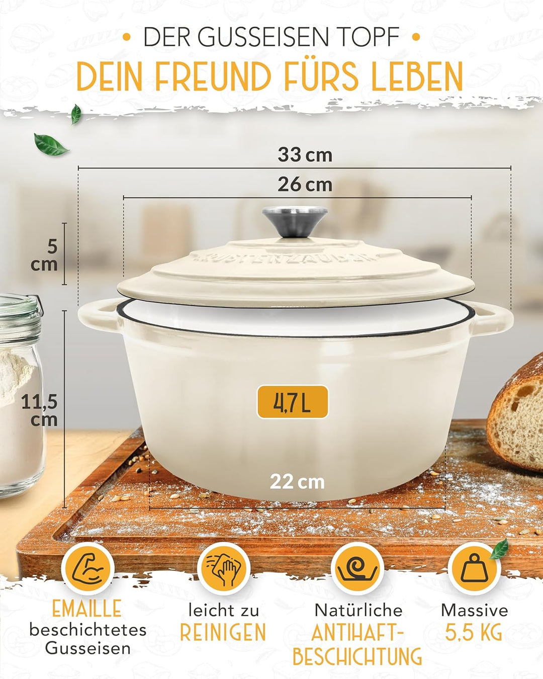 Gusseisen Topf Brot Backen emailliert im XXL Set - Brotbackform mit Deckel inkl Gärkorb, Schneebesen
