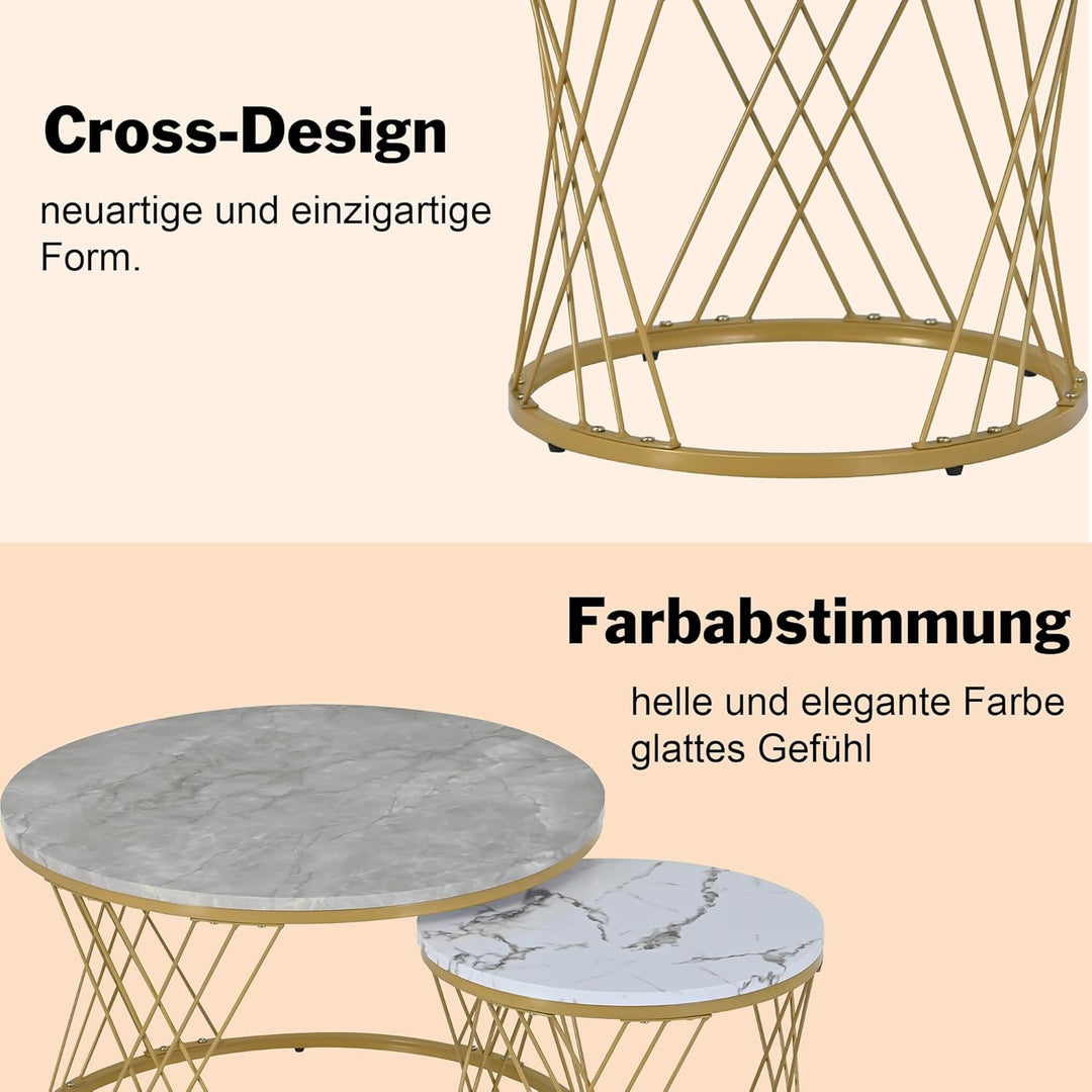 Merax Rund Couchtisch Set, 2-in-1 Nesting Couchtisch Satztisch Modern Wohnzimmertisch, Marmor Furnie