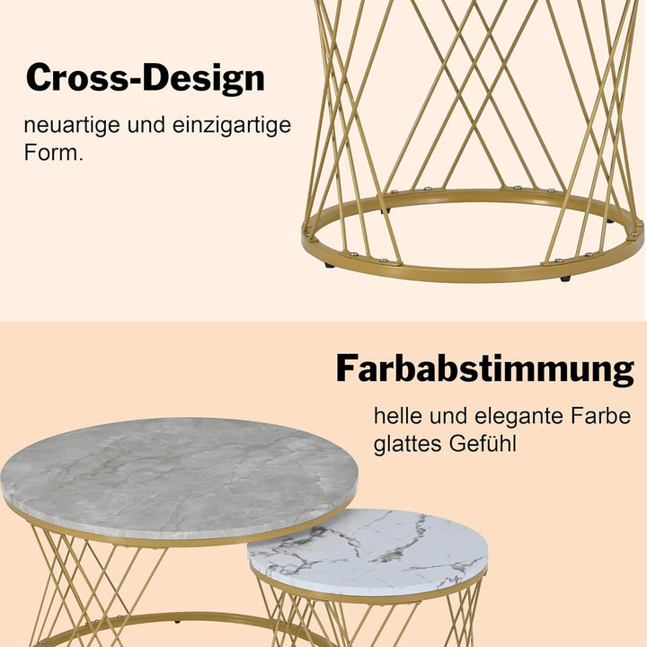 Merax Rund Couchtisch Set, 2-in-1 Nesting Couchtisch Satztisch Modern Wohnzimmertisch, Marmor Furnie