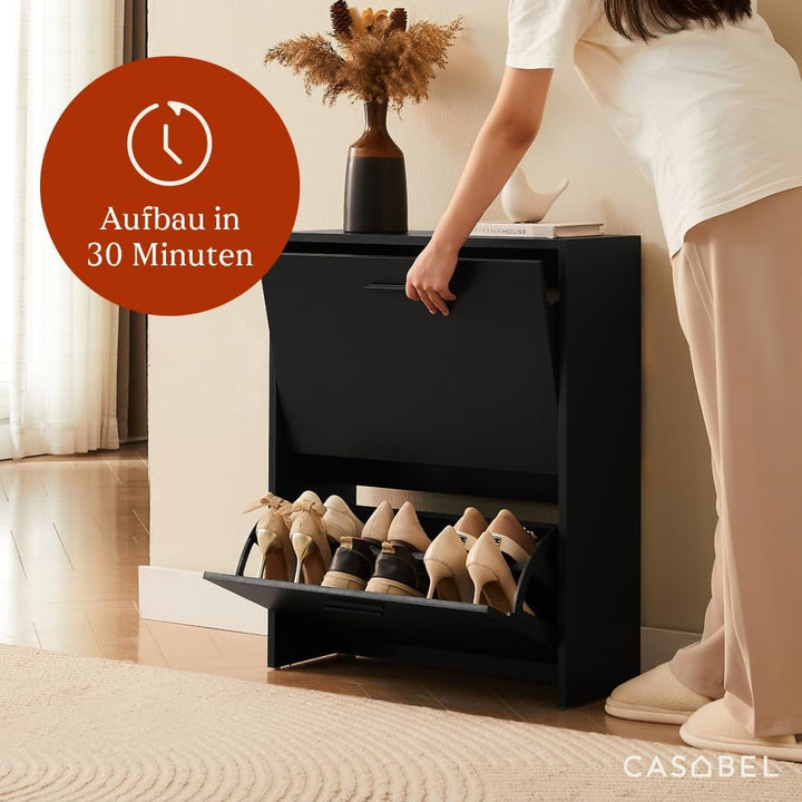 CASABEL Schuhschrank Schmal für 12 Paar Schuhe, Modernes Schuregal Holz mit 2 Klappen, Platzsparende