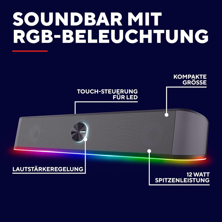 Trust Gaming Stereo Soundbar mit RGB Beleuchtung GXT 1619 Rhox, Computer Boxen 12W, 2.0 Lautsprecher