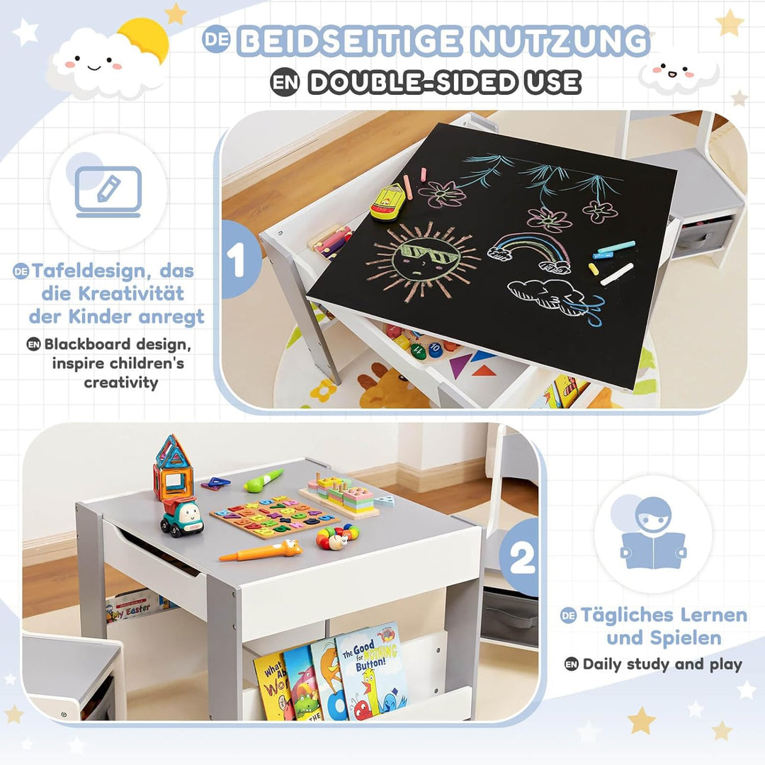 Yorbay Kindertisch mit 2 Stühle, Kindermöbel Set aus Holz mit Stauraum und Bücherregalen, 3 in 1 Mal