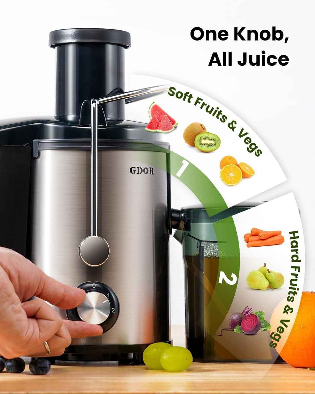 GDOR Entsafter 800W Juicer aus Edelstahl 76mm Grossem Mund Entsafter Gemüse und Obst 3 Geschwindigke