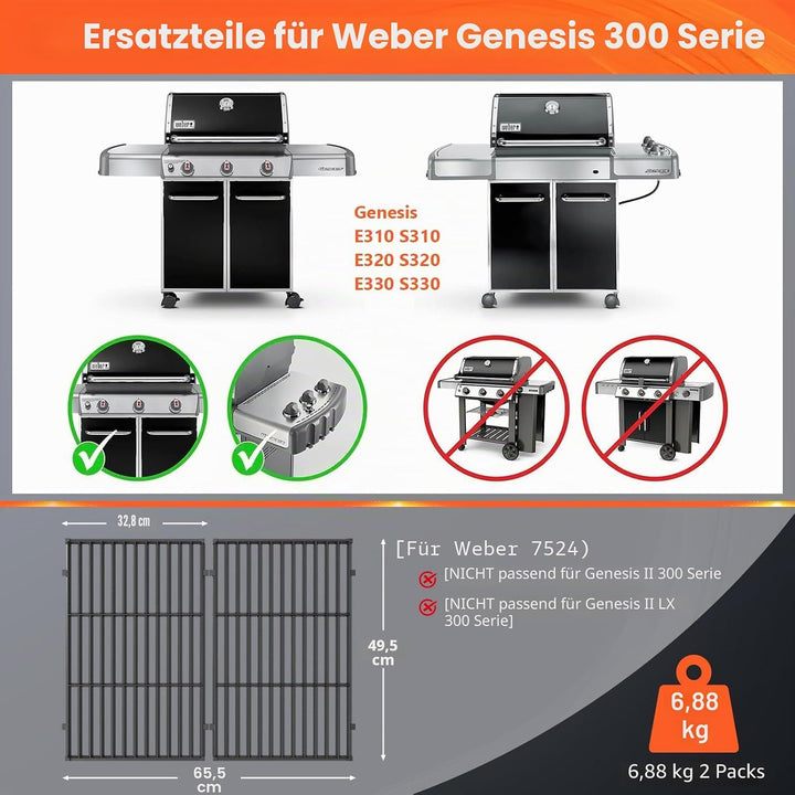 QuliMetal 49,5 x 33cm 7528 Grillrost Gusseisen für Weber Genesis E-310/320/330, S-310/320/330 (2007-