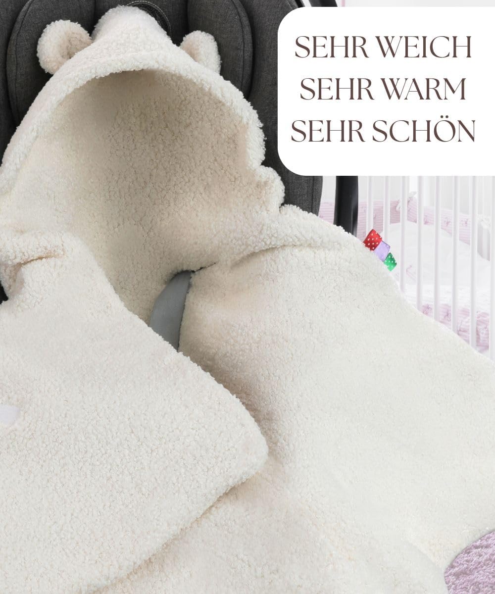 Einschlagdecke Babyschale Winter 80x80cm Kuschelig BOUCLÉ Lammfell-Optik, Kuscheldecke mit Kapuze fü