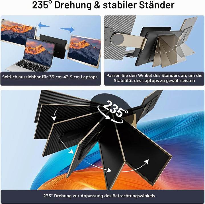 Laptop Screen Extender, Laptop Monitor Erweiterung, Triple Monitor, HDMI/USB-A/Type-C Plug &amp; Play Sc