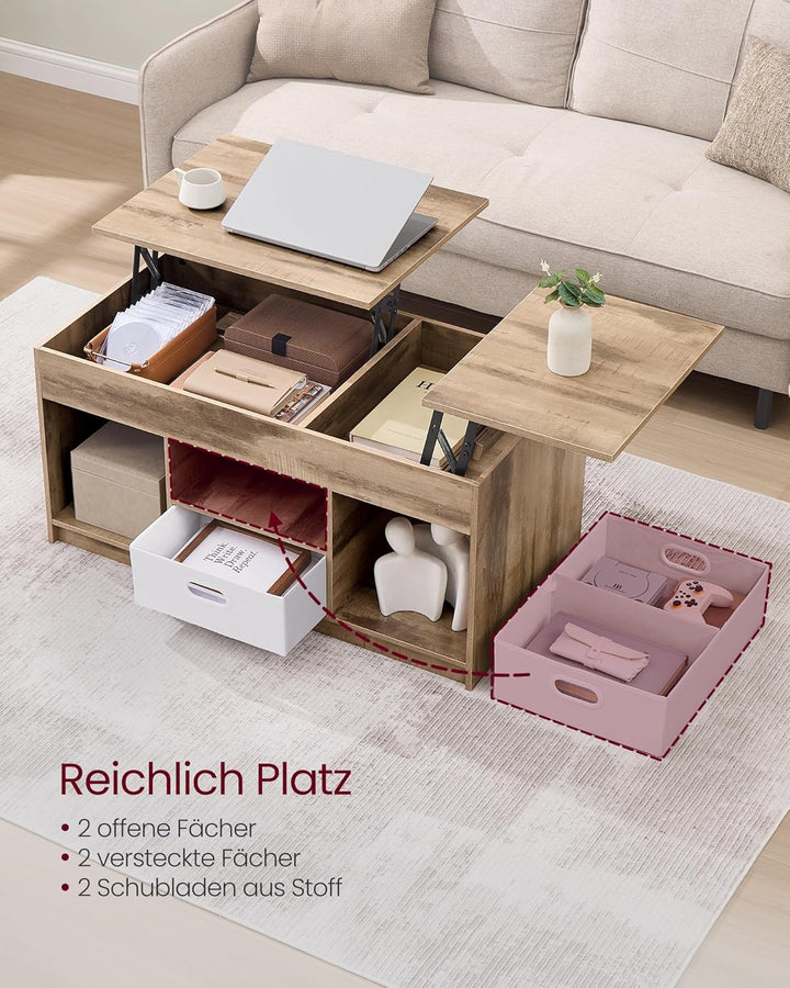 VASAGLE Couchtisch, höhenverstellbarer Wohnzimmertisch, 2 Schubladen und versteckte Fächer, Kaffeeti