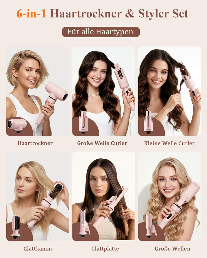 6-in-1Hairstyler, Lockenstab Automatisch Anzug, Glätteisen, Glättbürste, Wellen-Curling-Sticks, Ione