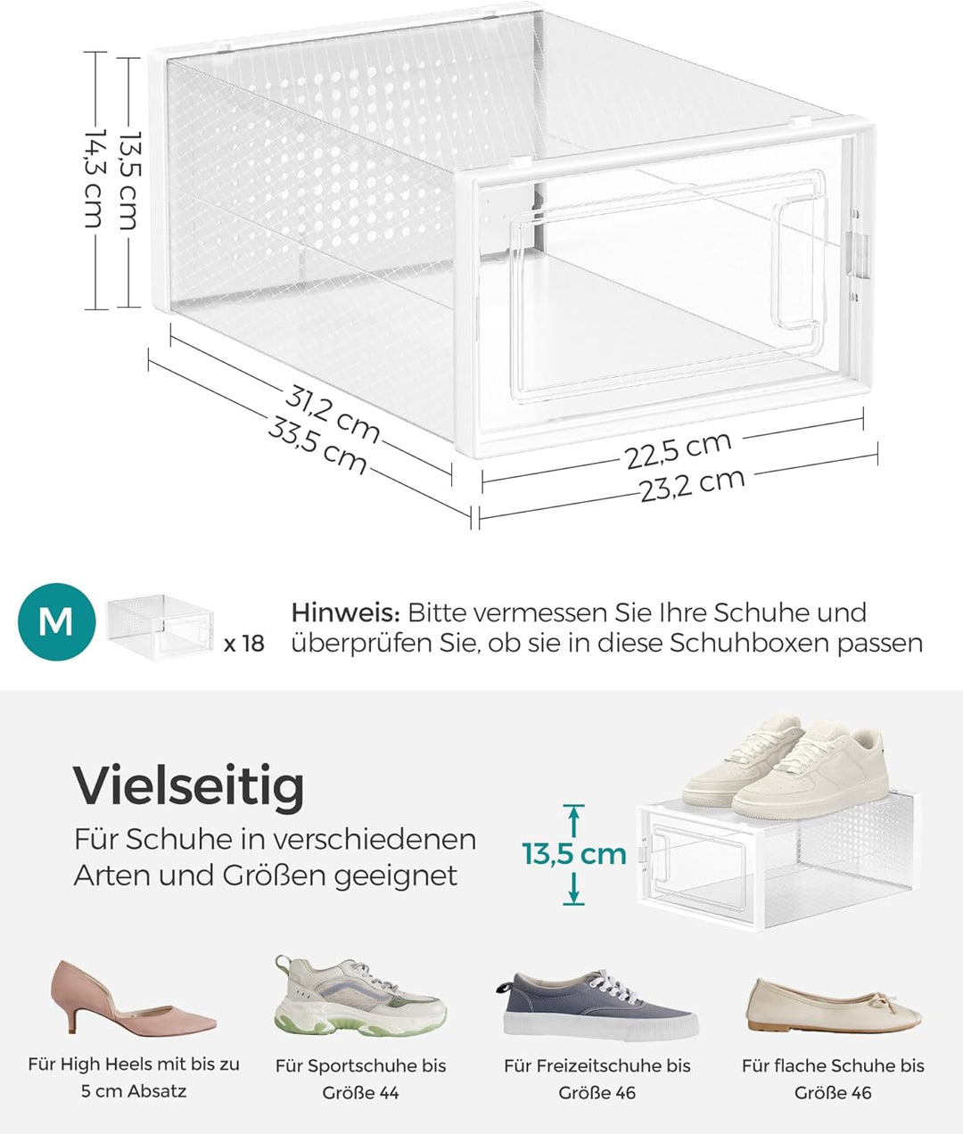 SONGMICS Schuhboxen, 18er Set, Aufbewahrungsboxen für Schuhe, Schuh-Organizer, Kunststoffboxen, falt