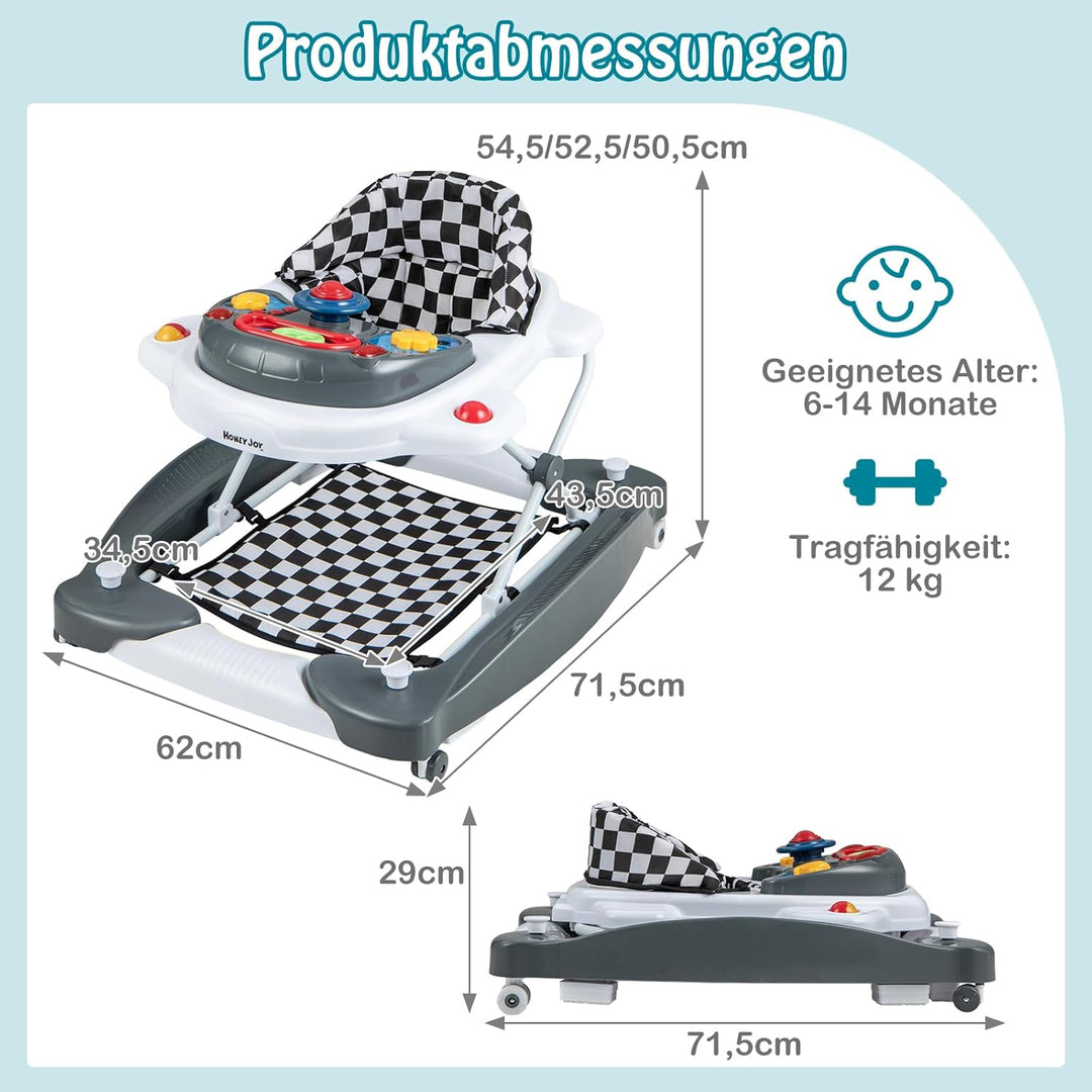 DREAMADE 6-in-1 Lauflernhilfe, Höhenverstellbar Baby Walker mit Musik & Abnehmbarem Sitz, Lauflernwa