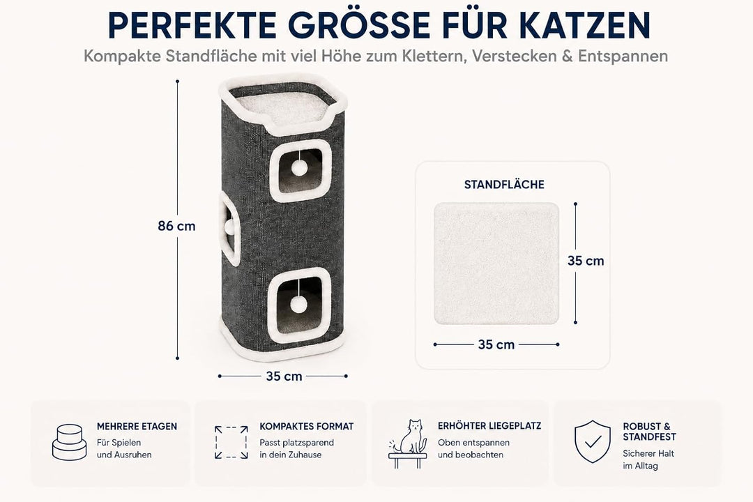Katzenturm Kratztonne 3 Ebenen Kratzbaum 86cm hoch mit Spielbällen Kuschelhöhle Grau Gross Katzenhau