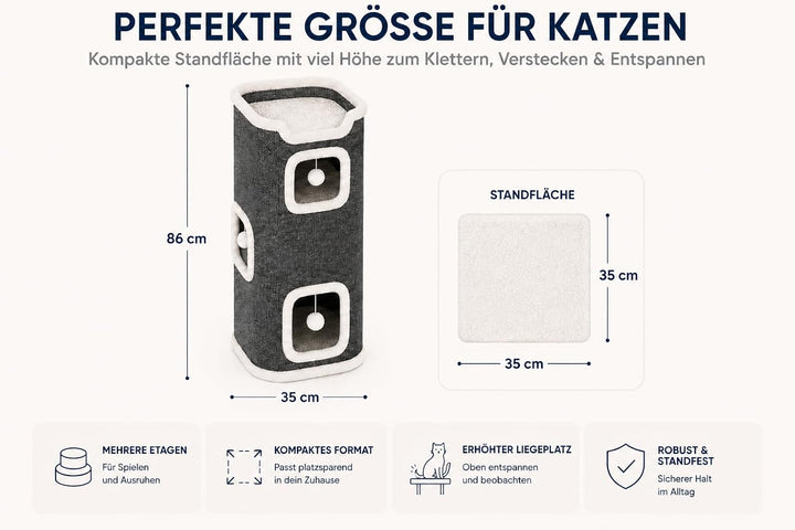 Katzenturm Kratztonne 3 Ebenen Kratzbaum 86cm hoch mit Spielbällen Kuschelhöhle Grau Gross Katzenhau