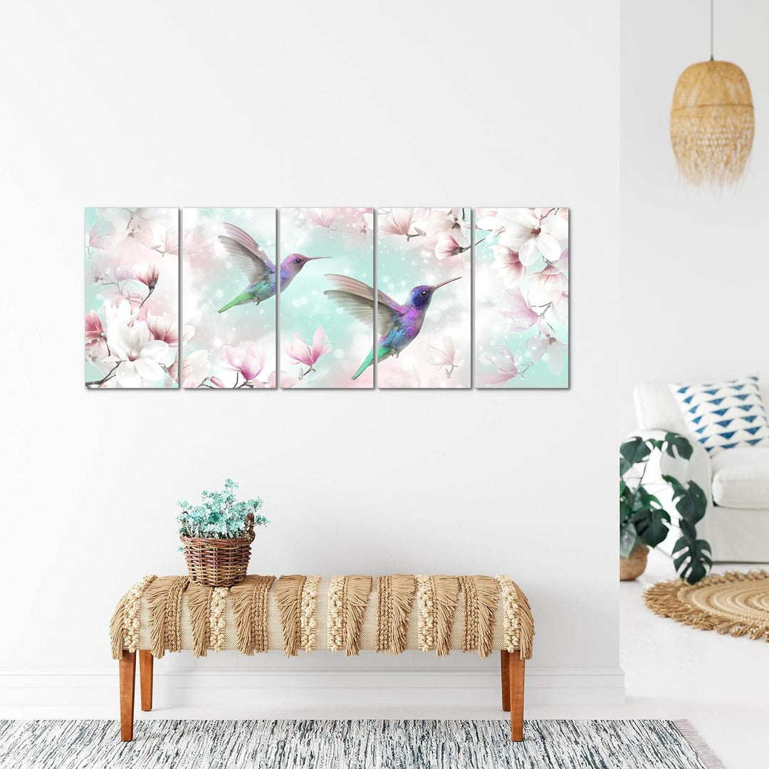 Runa Art Wandbild XXL Blumen Magnolien Wohnzimmer Schlafzimmer 200 x 80 cm Türkis 5 Teilig - Made in
