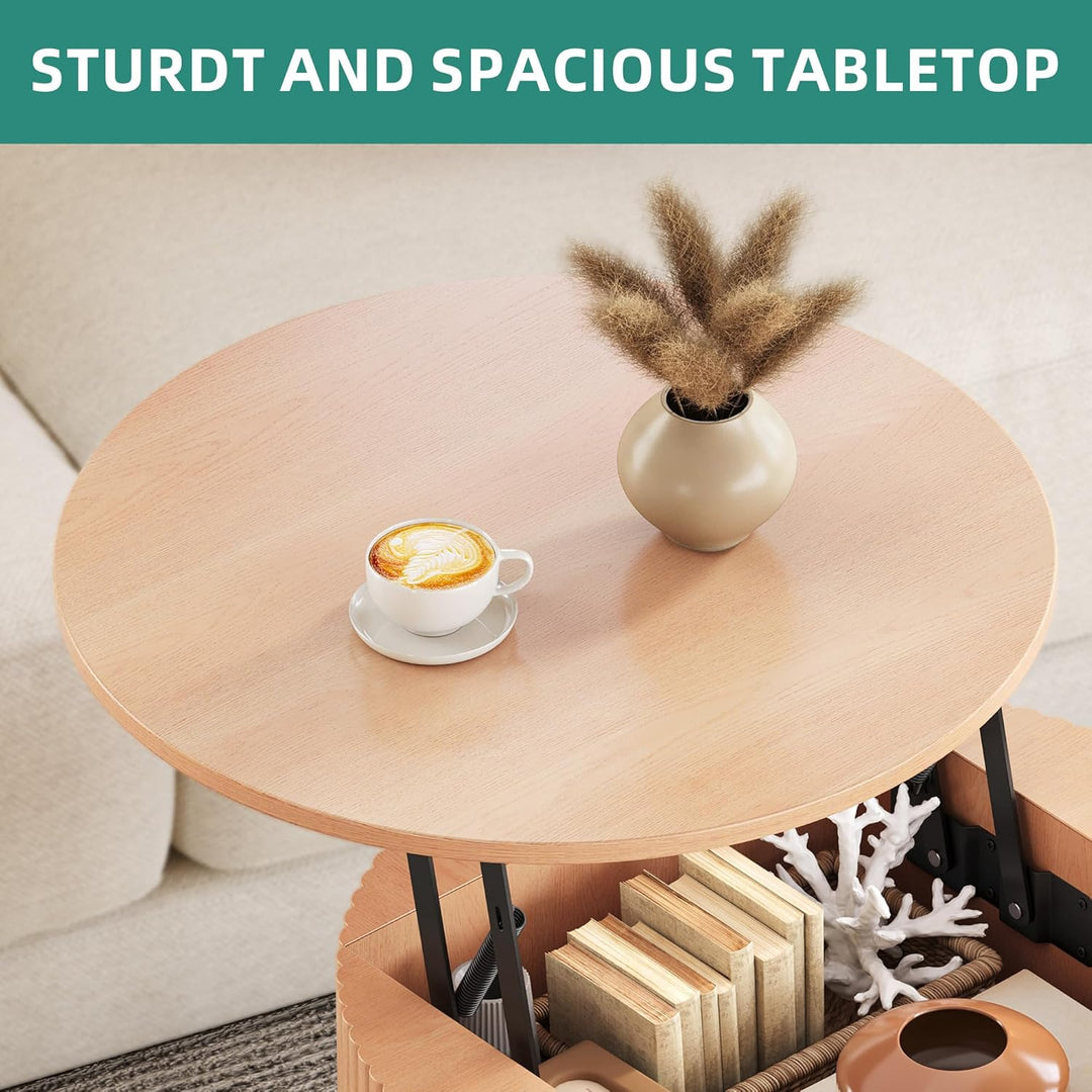 YITAHOME Couchtisch Höhenverstellbar, Couchtisch Rund mit geriffeltem Design und verstecktem Staurau
