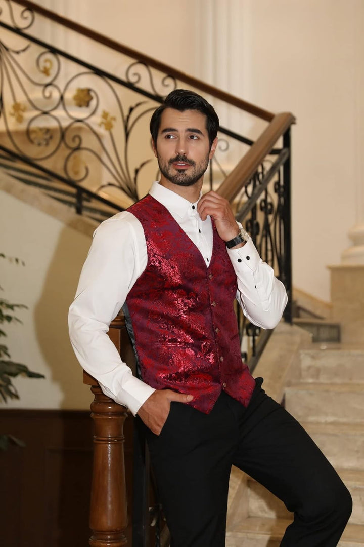 Allthemen Weste Herren Westen Gilet Jacquard Anzugweste für Hochzeit und Party M Rot1, M Rot1