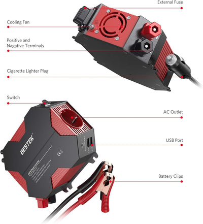 Wechselrichter 12v auf 230v/BESTEK 400W Wechselrichter Autoladegerät 12v Steckdose DC 12V auf AC 230